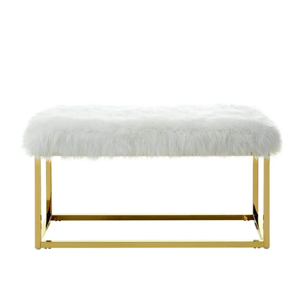 Verity White/Gold Faux Fur Ottoman Bench with Metal Frame by Inspired Home 4 Verity White/Gold Faux Fur Ottoman Bench with Metal Frame by Inspired Home - Image 2