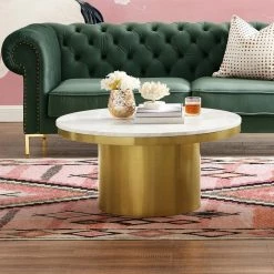 Janna White/Gold Coffee Table Stainless Steel Pedestal 35.4L x 35.4W x 17H by Inspired Home -Inspired Home Sales Store white gold inspired home coffee tables ct320 24gd hd 31 1000